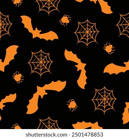 Seamless pattern with Halloween illustrations: web, spiders and bat. Stylish vector background for any use. Spooky illustration for print design, fabric, textil.