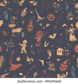 Seamless pattern - Halloween. Isolated vector colorful retro style. Sketch -  witch, vampire, pumpkins, bats. 4 design of greeting cards and wallpapers