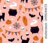 Seamless pattern with Halloween items candies, cats, cauldrons, skulls. Vector graphics