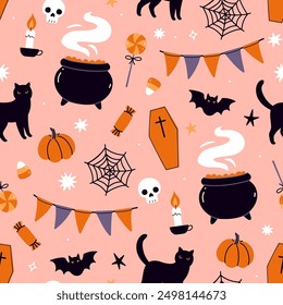 Seamless pattern with Halloween items candies, cats, cauldrons, skulls. Vector graphics