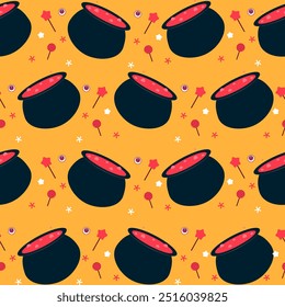 Seamless pattern with Halloween items candies, stars. Vector graphics