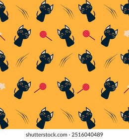 Seamless pattern with Halloween items candies, cats. Vector graphics