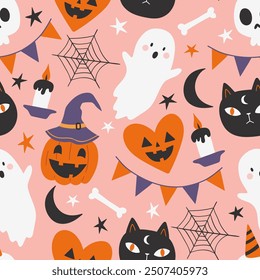 Seamless pattern with Halloween items cats, skulls, candles, flags, cobwebs, bones, pumpkins, hats.  Vector illustration of Halloween party. For fabric, textile, wrapping paper, gift wrapping