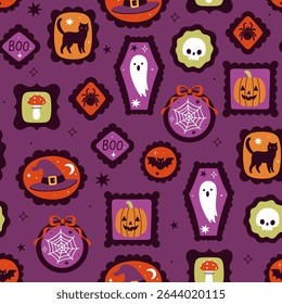Seamless pattern with Halloween items in frames. Vector graphics.