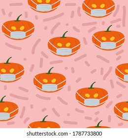 Seamless Pattern is Halloween Jack O Lantern Pumpkin Corona Virus Covid19 Wearing Mask Drawing Vector Sketch Colorful Illustration