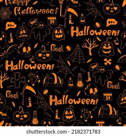 Seamless pattern Halloween. Jack pumpkin, ghost, grave, skull, bones and bats, scythe and broom, cobweb, potion and voodoo doll on black background. Vector illustration