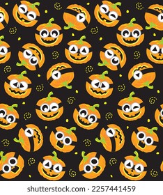 Seamless Pattern of Halloween Jack-o-lantern with Different Cute Eyes- Halloween Vector Illustration