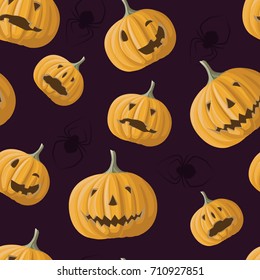 Seamless pattern from halloween Jack-O-Lantern pumpkins and spiders on a purple background.