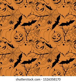 Seamless pattern halloween line art black on an orange background. Pumpkins, bet, spiders, cobwebs, branches, ghosts. Vector texture for holiday textile, backgrounds, wrapping paper, wallpaper.