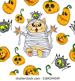 A seamless pattern for Halloween. Live pumpkins, cat mummy, spider. Vector illustration.