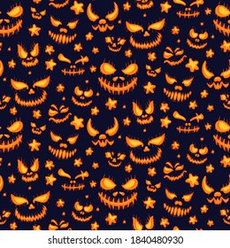 Seamless pattern of halloween masks of different creepy faces for textiles and wallpaper design.. Hand drawn sketch style on a dark background. Jack-o-lantern glow from the inside.