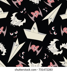 Seamless pattern for Halloween. Messages. Festive elements for the design of textiles, festive packaging materials with a vampire heart, an airplane, a boat, eyes.