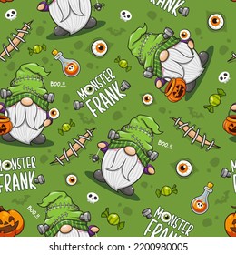 Seamless Pattern Halloween Monster Frankenstein Gnome, Cute Cartoon Illustration