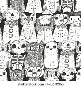 Seamless pattern with Halloween monsters and characters - black cat, wolf, ghost, pumpkin, Dracula, owl, creepy clown