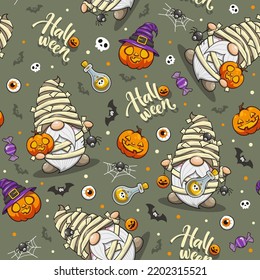 Seamless Pattern Halloween Mummy Gnome, Cute Cartoon Illustration