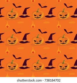 Seamless pattern of Halloween objects including pumpkin, witch's hat, bat and fire on orange background
