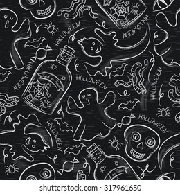 Seamless Pattern with Halloween objects on blackboard, vector
