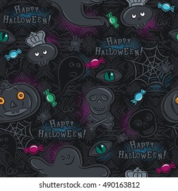 Seamless Pattern with Halloween objects on blackboard, vector