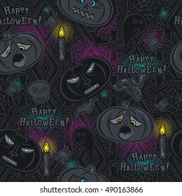 Seamless Pattern with Halloween objects on blackboard, vector