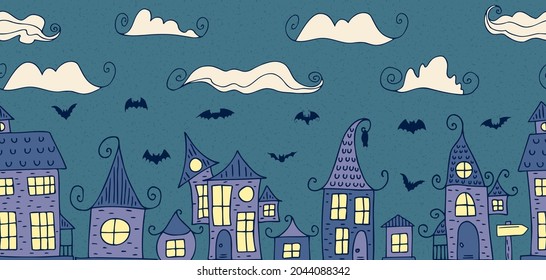 Seamless Pattern. Halloween - October 31. Hand-drawn doodle illustration. A traditional holiday, the eve of All Saints ' Day, All Hallows' Eve. Trick or treat. Happy Halloween 2021!