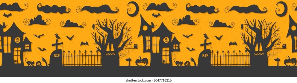 Seamless Pattern. Halloween - October 31. Hand-drawn doodle illustration. A traditional holiday, the eve of All Saints ' Day, All Hallows' Eve. Trick or treat. Happy Halloween 2021!