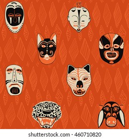 seamless pattern Halloween orange African mask