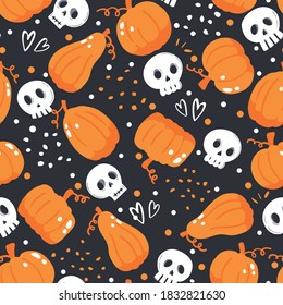 Seamless pattern for Halloween in orange, black and white colors with cute handdrawn characters. Simple pumpkins and sculls
