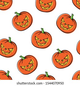 Seamless pattern Halloween orange pumpkin hand drawn outline. Happy Halloween holiday cute character background. Greeting card, banner, party invitation design. Vector illustration
