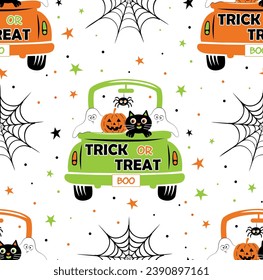 Seamless Pattern of Halloween Orange and Yellow Green truck pattern with different cute characters ghost, pumpkin, and cat. Vector Halloween truck with Trick or Treat and Boo text on the back  