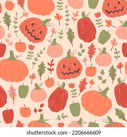 seamless pattern with halloween ornament. Pumpkins, apples and leaves