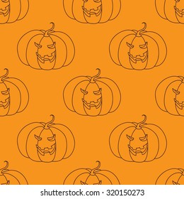 Seamless pattern with Halloween outline pumpkin on orange background. Cartoon vector illustration for holiday, seamless background