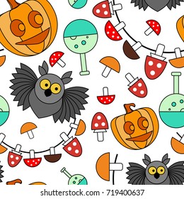 Seamless pattern. Halloween. Owl, pumpkin with a smile, retort, mushrooms, toadstools against a white background. Vector background.