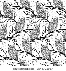 Seamless Pattern of Halloween Owls and Scary Branches with White Background- Halloween Vector Illustration