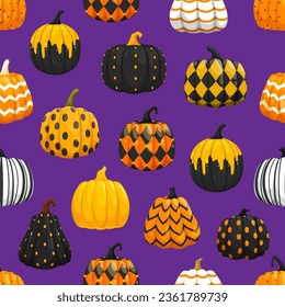 Seamless pattern of halloween painted pumpkins with holiday ornament. Vector tile background with colorful gourd plants with black, orange and white decor such as dots, rhombus, stripes or zig-zag