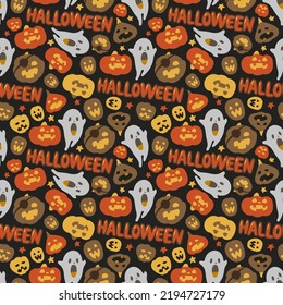 Patrón de Halloween sin foco. Pampkins, fantasma. Imagen de vector Happy Halloween