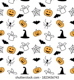 Seamless pattern with Halloween party - bat; pumpkin; web; spider; witch hat; ghost. Art can be used for celebrating cards, holiday packing.