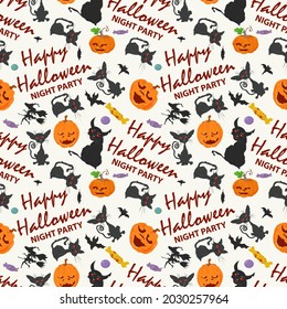 seamless pattern for halloween party, cats, bats and lettering, flat illustration for design decoration