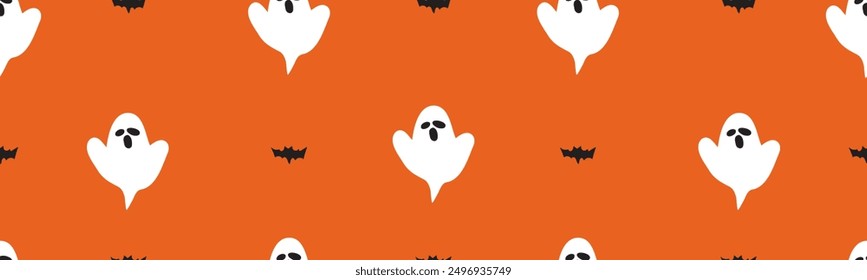 Seamless pattern. Halloween party. Cute ghost and bat. Illustration. Hand drawn design on orange background.