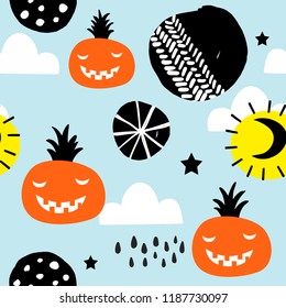Seamless pattern for halloween party decoration. Vector endless wrapping paper or fabric with pumpkins and abstract scandinavian shapes.