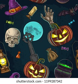Seamless pattern Halloween party with flying bat, lamp, hand zombie, cross, cemetery, pumpkin, skull, moon, witch hat, candle, cauldron. Vintage color vector engraving illustration on dark background