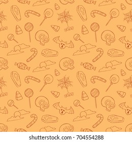 seamless pattern of halloween party icons with doodle or hand drawn style on orange background