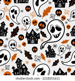 seamless pattern for Halloween. Halloween party illustration in vector form. black and orange lines, skulls, Halloween houses, and ghosts. Cartoon seamless vector pattern