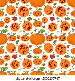patrón ininterrumpido para la fiesta de halloween, muchas calabazas anaranjadas, ilustración plana para decoración de diseño