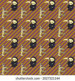 Seamless pattern Halloween party with Mummy and Death Grim Reaper on a diagonal striped background