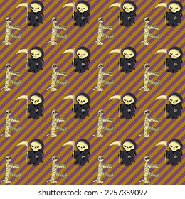 Seamless pattern Halloween party with Mummy and Death Grim Reaper on a diagonal striped background