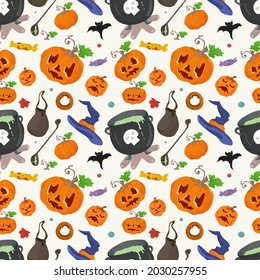 seamless pattern for halloween party, potion and pumpkin cauldron, flat illustration for design decoration