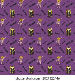 Seamless pattern Halloween party with pumpkin head Skeleton and Dracula among evil bats