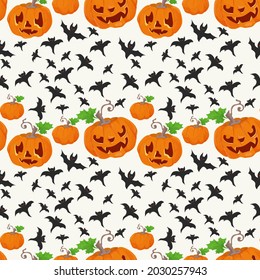 seamless pattern for halloween party, pumpkins, bats, flat illustration for design decoration