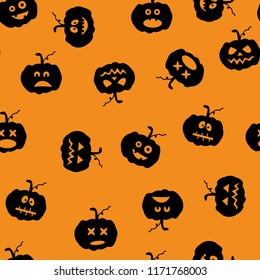 Seamless pattern for Halloween party. Vector illustration of silhouettes of pumpkins on orange background.