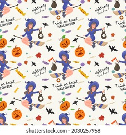 seamless pattern for Halloween party, Witch on a broom with gifts, flat illustration for design decoration